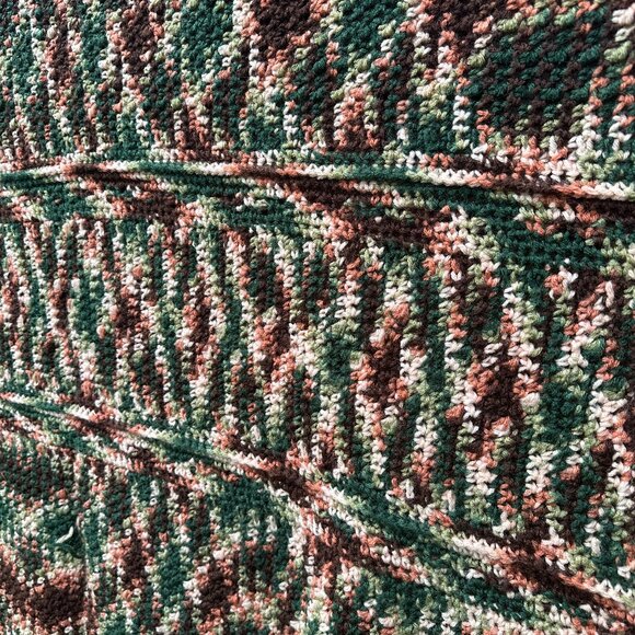 Vintage Handmade Blanket Knit Crochet Fall Brown Green Tan Fringe Cottagecore - Picture 3 of 7